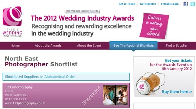 123 Photography - Short listed for the North East Wedding Photographer of the year 2012